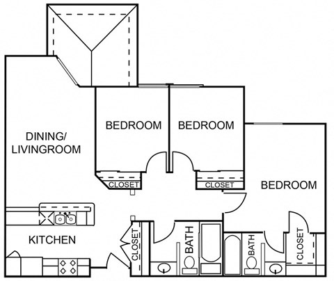 Floor plan for 3 beds, 2 baths, 1051 sqft